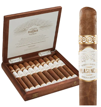 Open wooden cigar box with twelve cigars and a larger cigar standing beside it; the lid bears Plasencia Reserva Original branding.