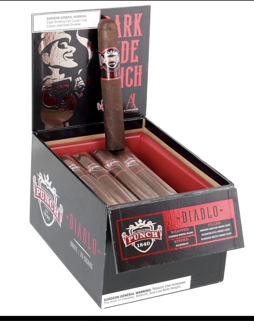 Open black Punch Diablo cigar box with five cigars laid in a red tray; one tall cigar stands upright in the center (warning label visible).