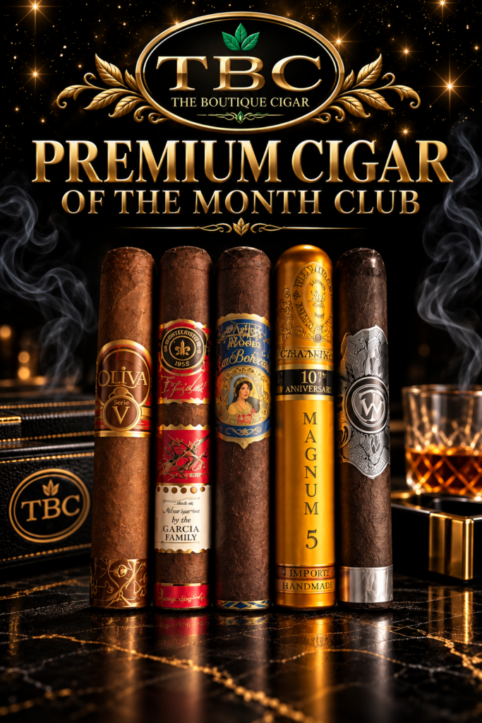 Five premium cigars with ornate bands stand upright on a dark marble surface beneath a gold, decorative banner reading 'Premium Cigar of the Month Club'.