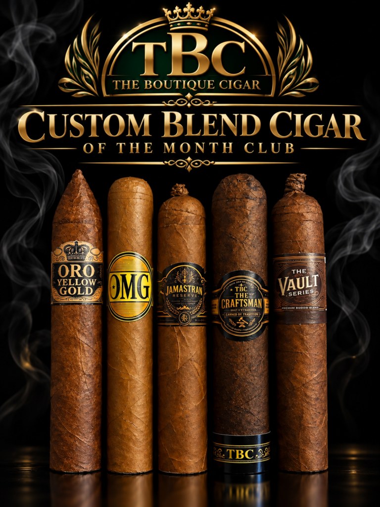 Brand logo for TBC The Boutique Cigar with five premium cigars displayed below, highlighting 'Custom Blend Cigar of the Month Club' text above. Labels include Oro Yellow Gold, OMG, Jamastran Reserve, The Craftsman, and The Vault Series.