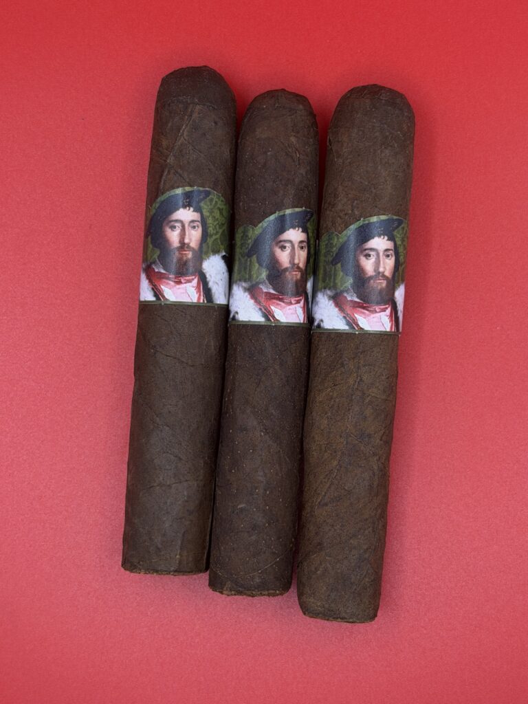 Three dark cigars with vintage portrait labels lined against a red background.
