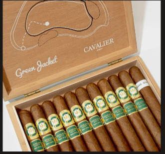 Open wooden cigar box labeled 'Green Jacket' by Cavalier, containing twelve cigars with green and gold bands arranged in a row.