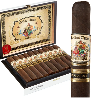 Open Bellas Artes cigar box with ten cigars and a separate Bellas Artes cigar showing an ornate band.