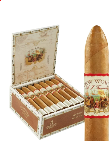 Open cigar box with twelve cigars arranged inside and a single large cigar standing upright beside it, all with decorative bands.