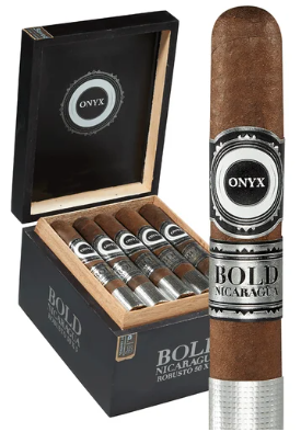 Open black cigar box labeled Bold with five cigars, and a single Bold Onyx cigar with silver band in front.