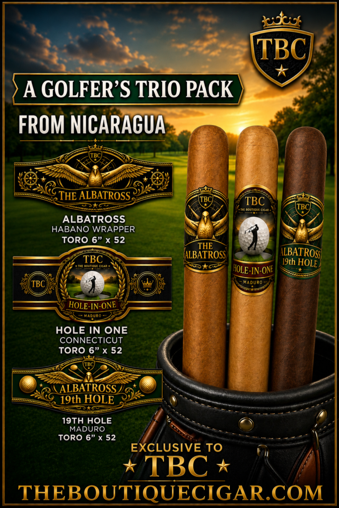 Promo image for TBC cigars: three Albatross cigars in a leather holder with gold labels and a sunset golf course backdrop