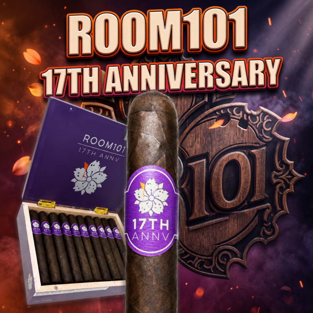 Promotional image for Room101's 17th anniversary with a purple cigar box, a large cigar, and a decorative 101 crest in the background.