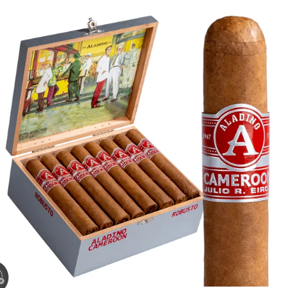 Open wooden cigar box containing eight cigars with red Aladino Cameroon bands labeled Robusto, placed beside a large uncut cigar with a similar band.