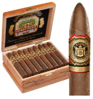 Open wooden box containing seven cigars with decorative gold bands, plus a large cigar standing upright beside the box.