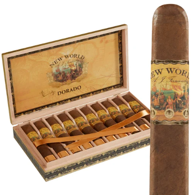 Box of New World Dorado cigars with an open lid showing individually wrapped cigars inside and a separate large cigar beside it