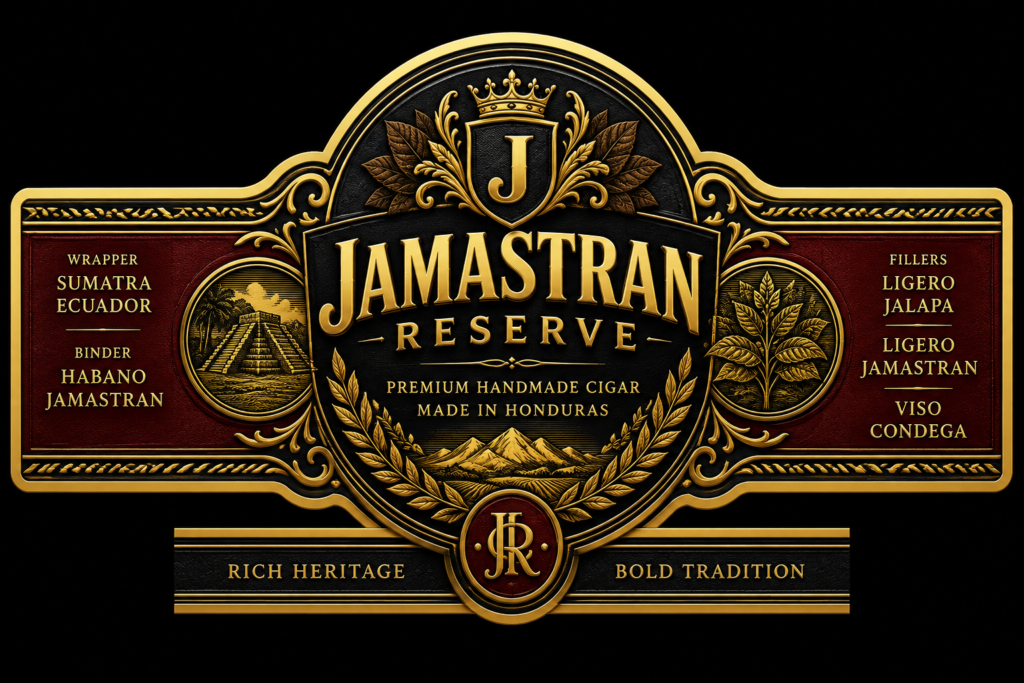 Luxurious Jamastran Reserve cigar label in gold on black, with crest and 'Premium Handmade Cigar Made in Honduras' text.