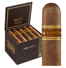 Open black cigar box with several cigars and a single cigar with a gold band beside it.