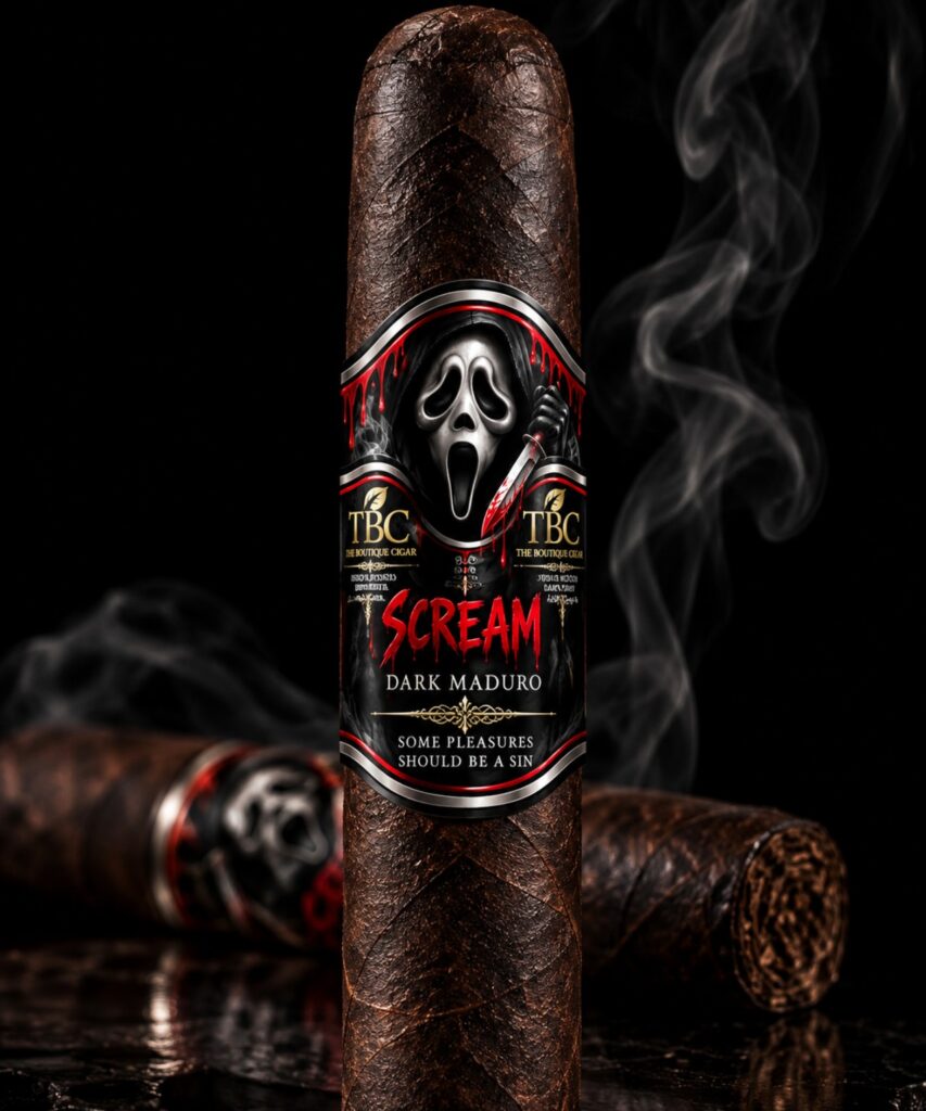 Close-up of a dark Maduro cigar with a horror-themed label reading 'SCREAM Dark Maduro'.