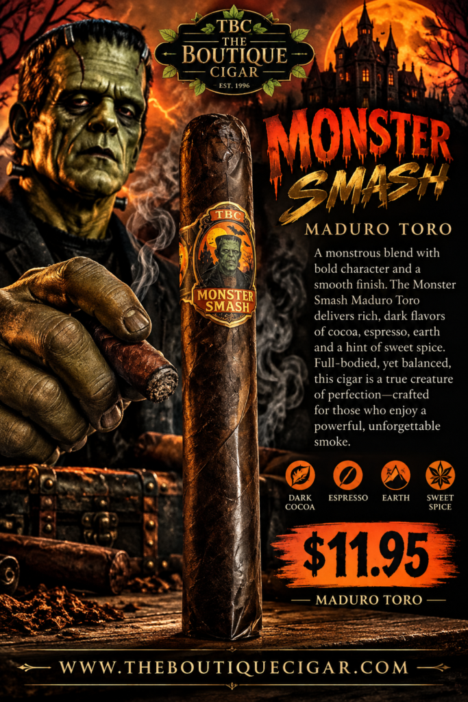 Promotional poster for Monster Smash Maduro Toro cigar showing a smoking hand, a tall cigar, and price .95.