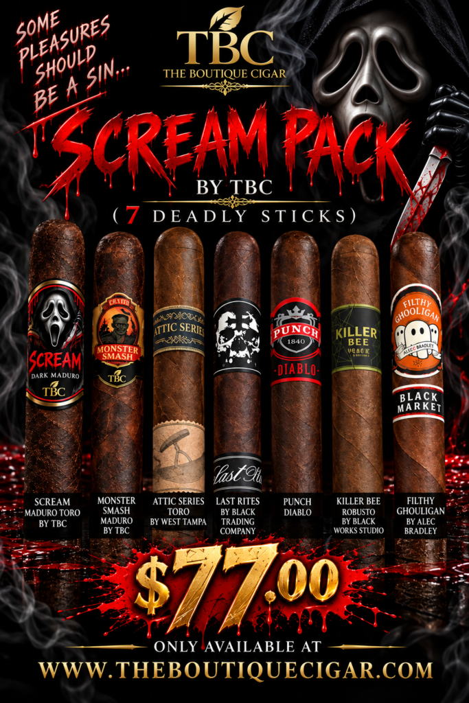 Promotional poster for TBC Scream Pack: seven premium cigars lined up with a blood-red logo, skull‑mask figure, and a dagger;  price and website theboutiquecigar.com.