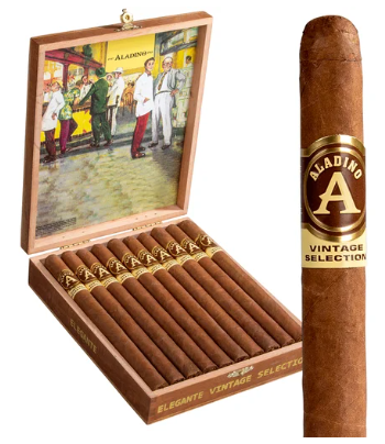 Open wooden cigar box with a row of cigars and a large cigar standing upright beside it on a white background.