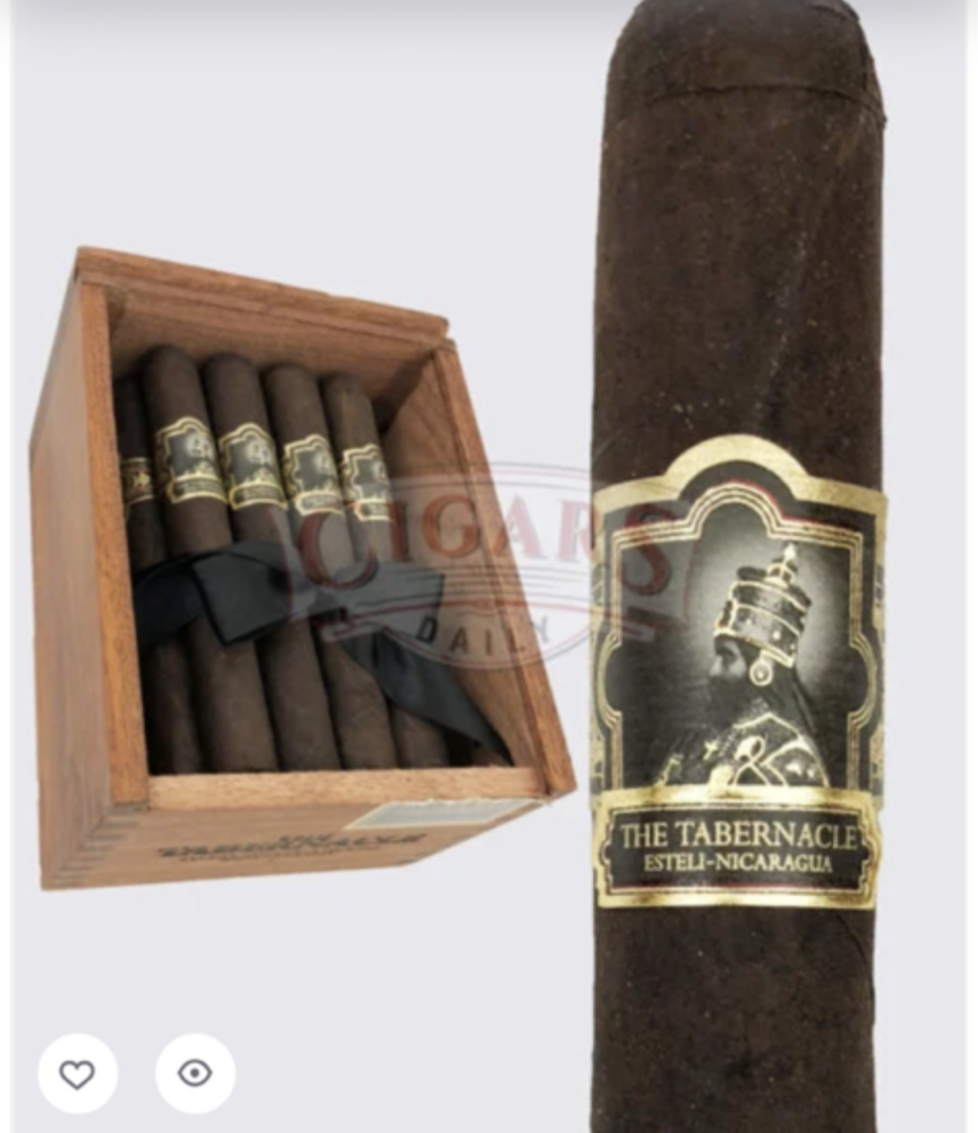Wooden cigar box with multiple brown cigars and a large cigar labeled The Tabernacle, Estelí, Nicaragua on its band.
