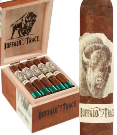 Open wooden cigar box with Buffalo Trace logo and six cigars, beside a large cigar bearing a buffalo head label.