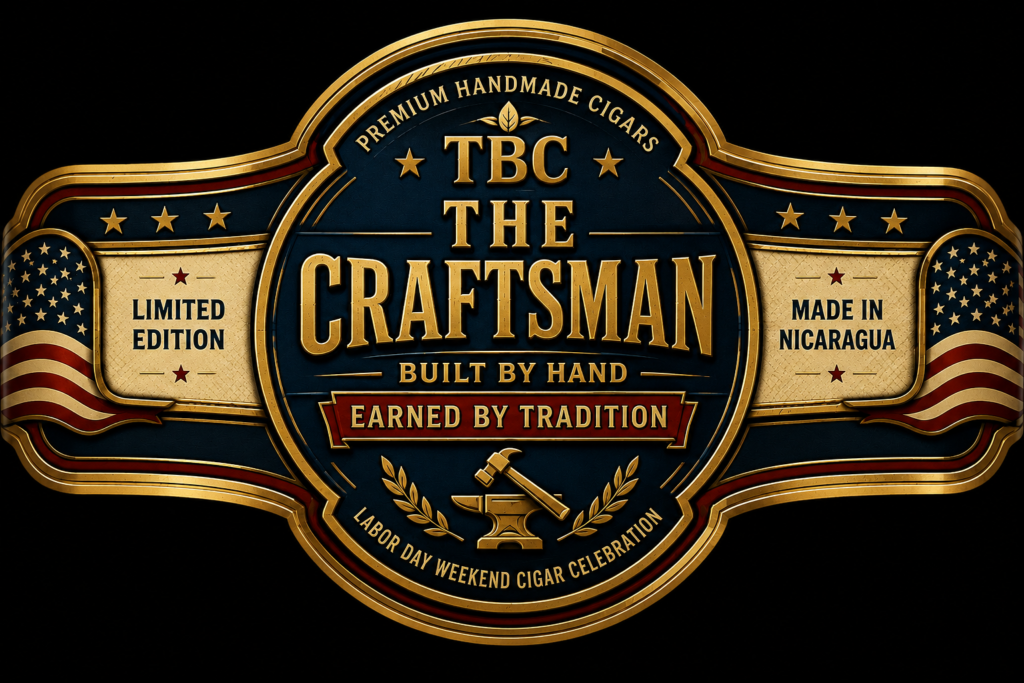 Decorative cigar label badge: navy and gold with 'THE CRAFTSMAN' and 'Premium Handmade Cigars' brand elements, 'Made in Nicaragua' and 'Limited Edition' bands.