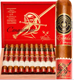 Red Montecristo Conquistador cigar gift box with a row of cigars; features a close-up cigar band reading Montecristo Conquistador on the right.