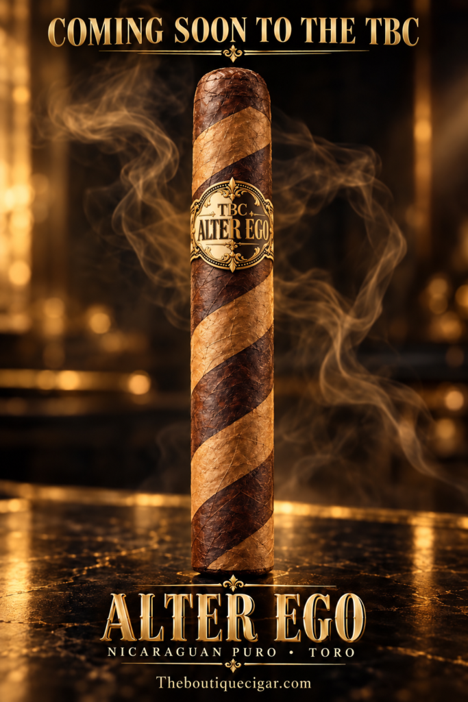 Cigar with a gold-striped wrapper and ornate 'ALTER EGO' label, glowing background; top reads 'COMING SOON TO THE TBC'.