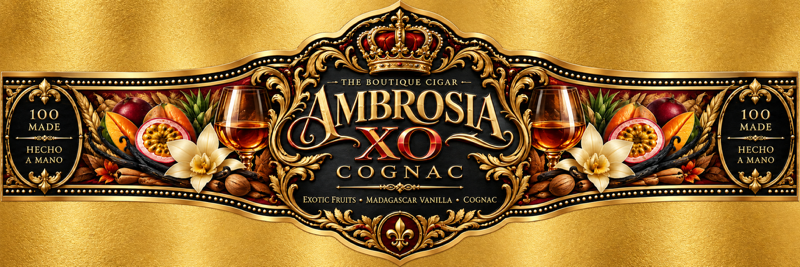 Elaborate gold label for Ambrosia XO Cognac featuring fruit, flowers, and ornate crest; center reads Ambrosia XO Cognac.