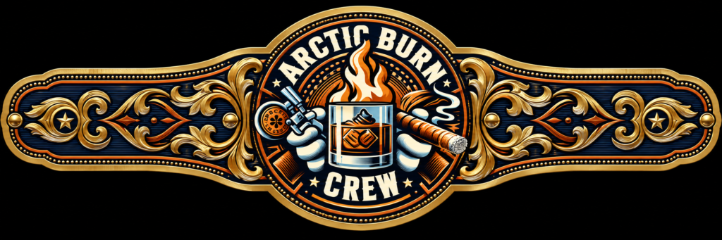 Arctic Burn Crew logo: ornate gold scrollwork surrounding a circular emblem with a flame, a glass, and a cigar central to the design.