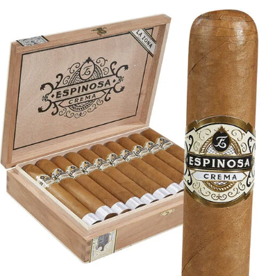 Open wooden box of Espinosa Crema cigars with a row of cigars and a large cigar leaning beside it, showcasing the product.