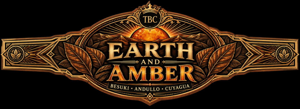 Ornate bronze logo for Earth and Amber with sun, mountains, and decorative leaves surrounding the text “Earth and Amber.” Republic-style frame with TBC at top.