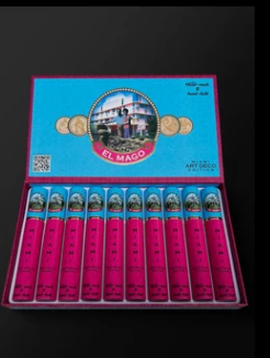 Open display box with twelve pink cigar-tube containers arranged in two rows inside a bright blue and pink package labeled 'El Mago'.