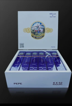 Open white cigar box with blue Maduro cigars; lid bears a crest logo, and the box is labeled PEPE and 6 x 52 Maduro.