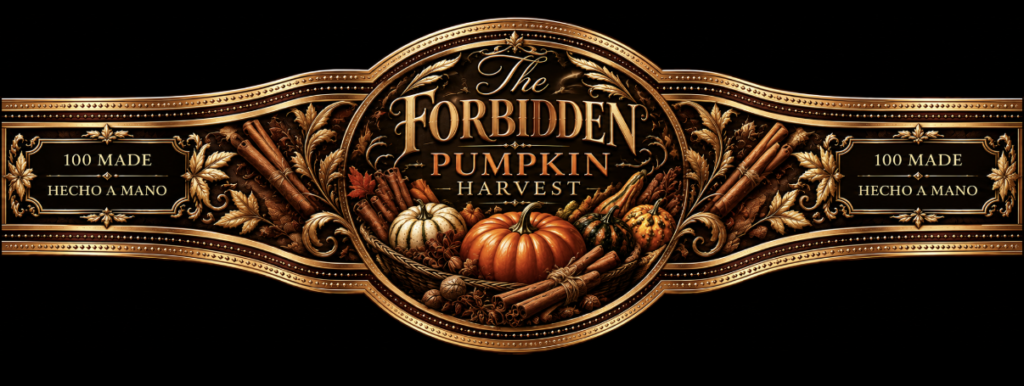 Ornate gold belt label reading 'The Forbidden Pumpkin Harvest' with pumpkins and cinnamon in the center.