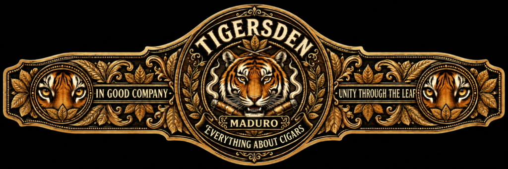 Ornate gold cigar band with two tiger heads, a central tiger crest, and 'TIGERSDEN' branding with mottos 'In good company' and 'Unity through the leaf'.